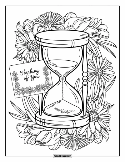 Thinking Of You Coloring Page for Adults: An hourglass with blooming flowers features a "Je pense à toi" message