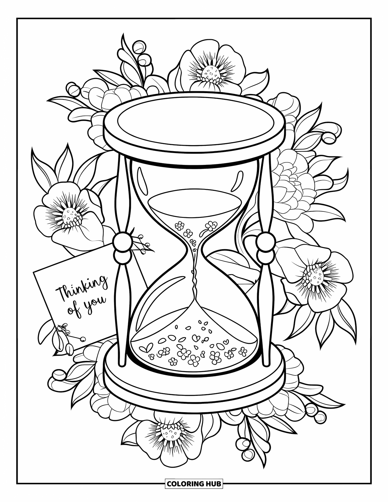Thinking Of You Coloring Page for Adults: An hourglass with flowers rests beside a "Thinking of You" card