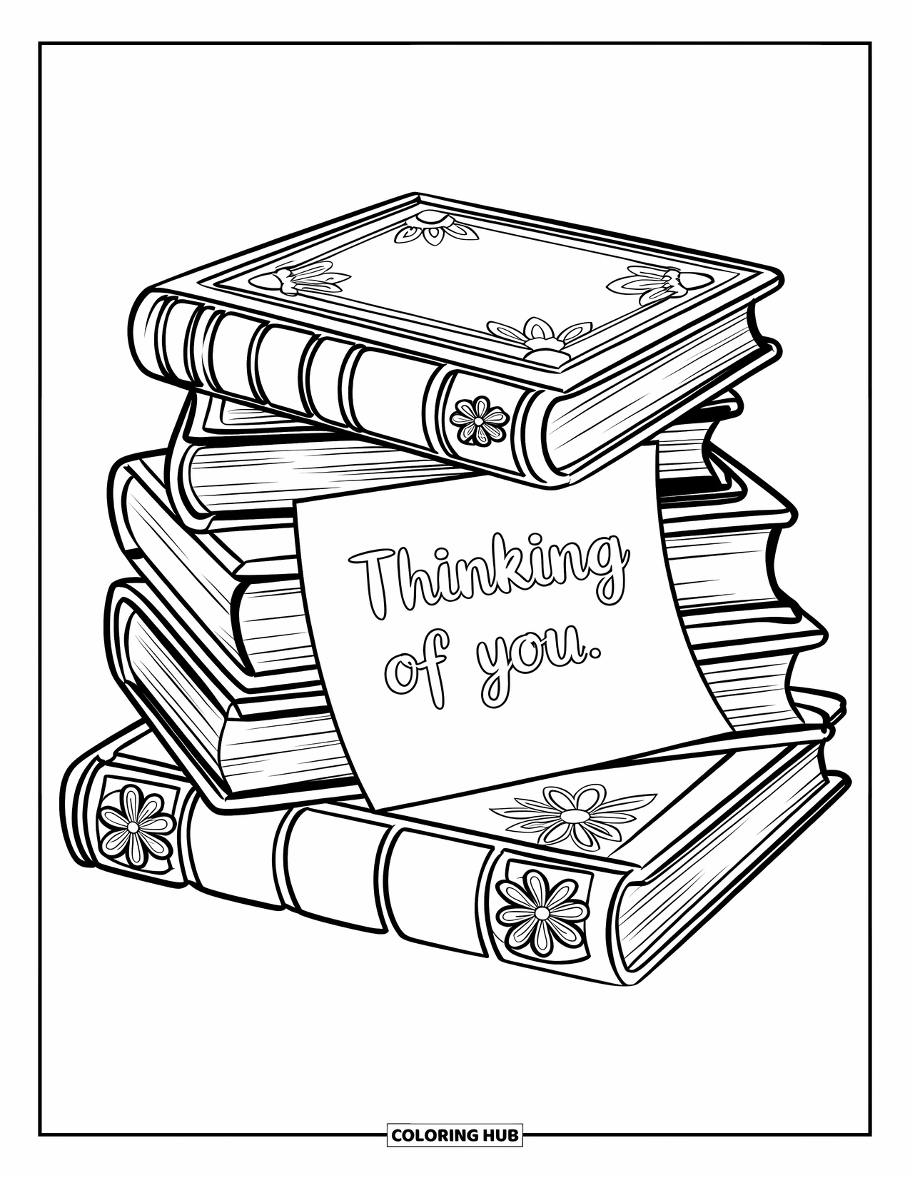 Thinking Of You Coloring Page for Adults: Books with floral designs hide a note that says "Thinking of You"
