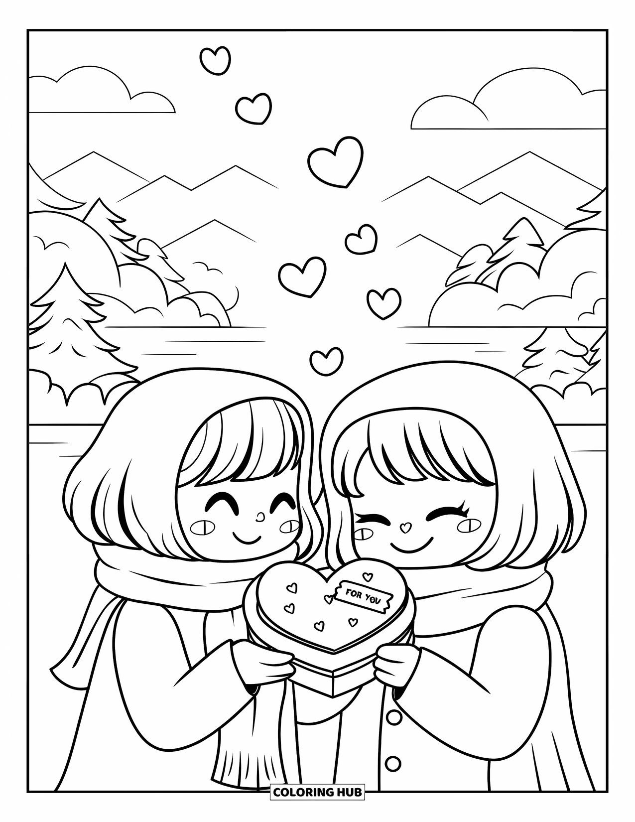 Thinking Of You Coloring Page for Adults: Two friends share a scarf under falling hearts