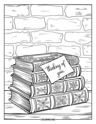 Thinking Of You Coloring Page for Adults: Vintage books with flowers contain a "Je pense à toi" message