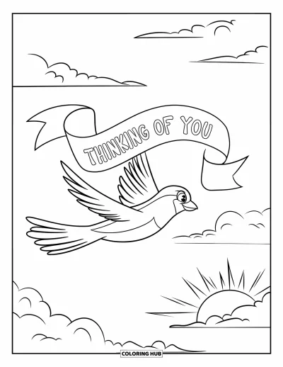 Thinking Of You Coloring Page for Kids: A bird flies toward the sunset carrying a ribbon that says "Je pense à toi"