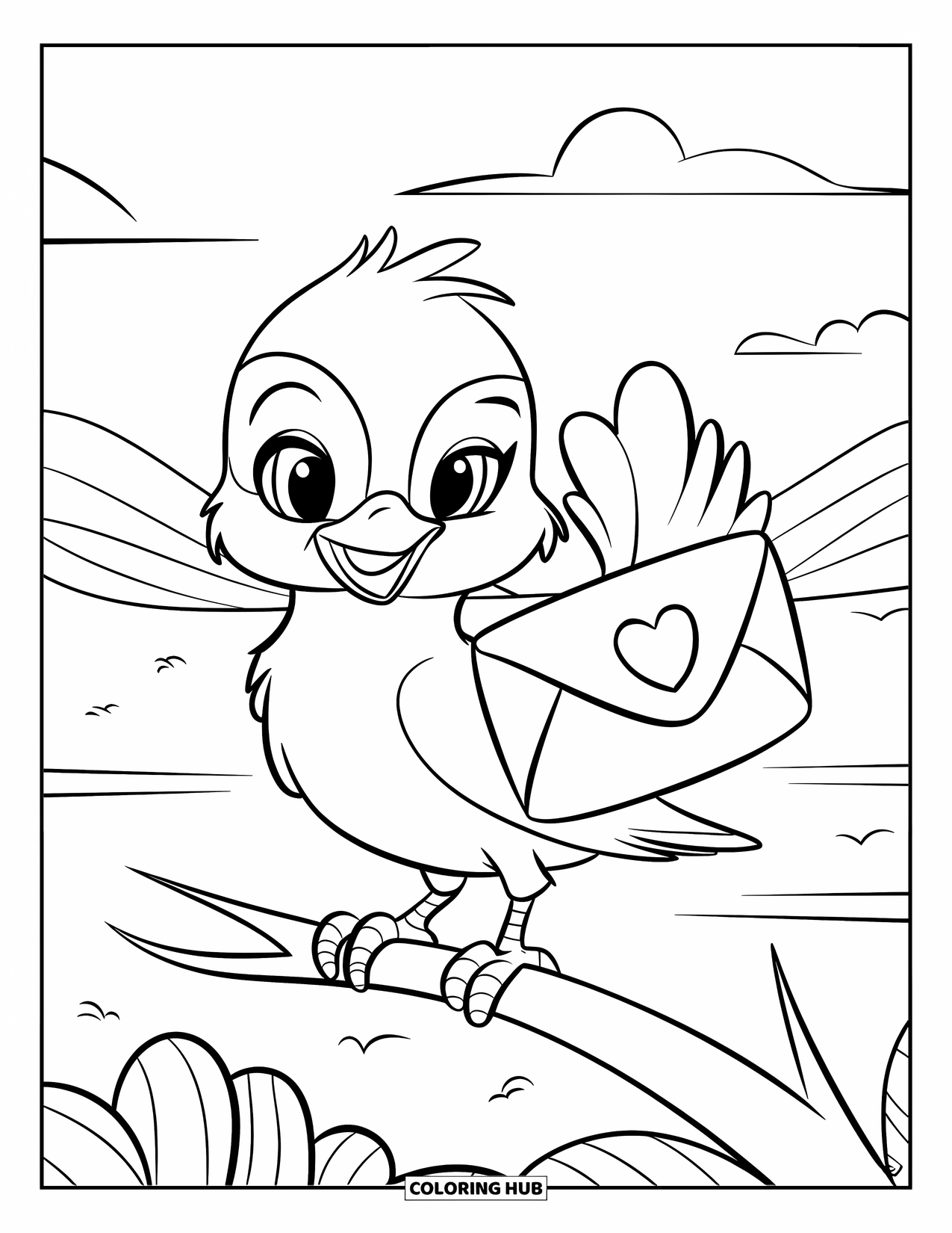 Thinking Of You Coloring Page for Kids: A bird with a heart-sealed letter perches on a branch above rolling hills