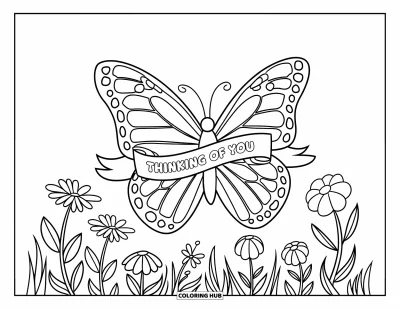 Thinking Of You Coloring Page for Kids: A butterfly carries a "Je pense à toi" banner above blooming flowers