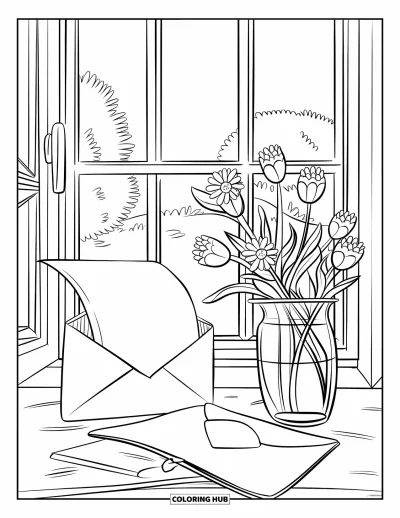 Coloriage « Je pense à toi » pour enfants : Une vue de fenêtre apaisante avec une lettre ouverte et un vase de fleurs
