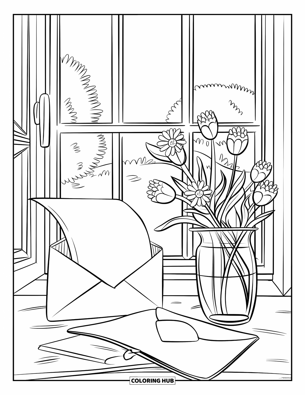 Thinking Of You Coloring Page for Kids: A calm window view with an open letter and a vase of flowers