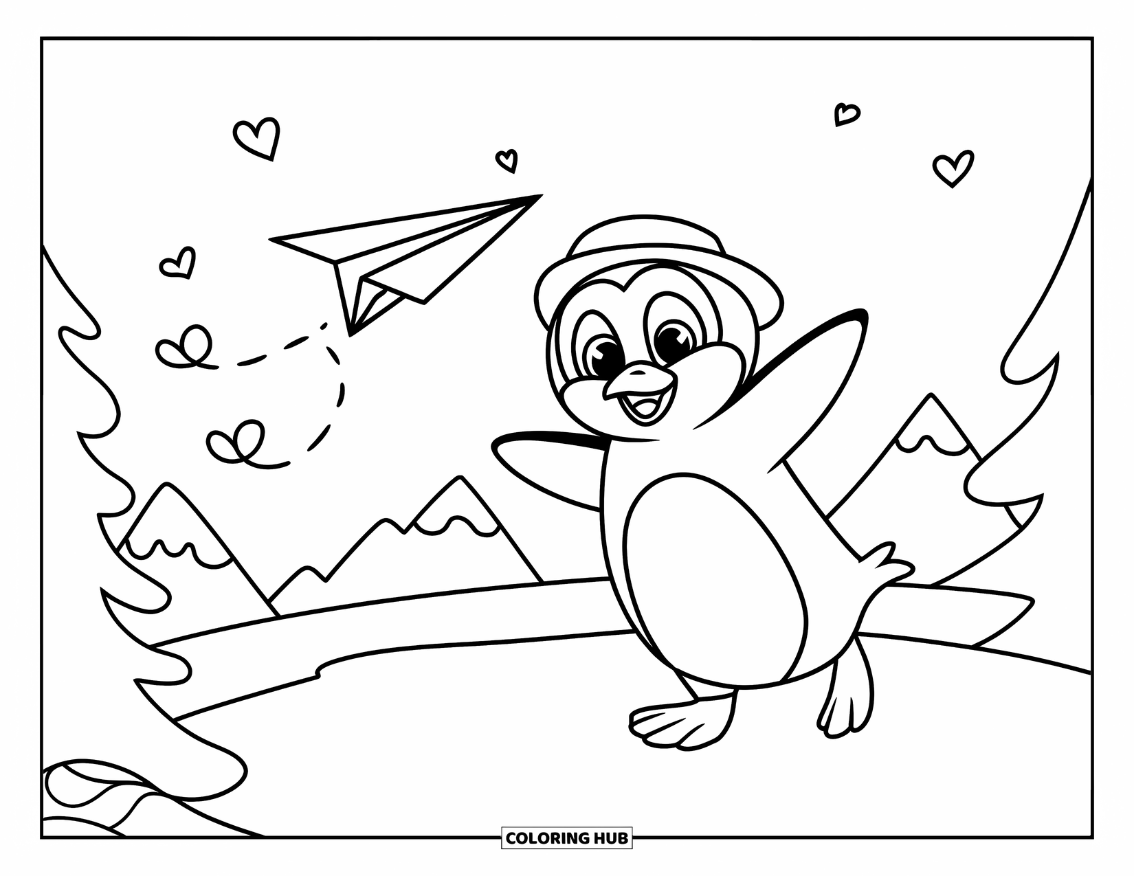Thinking Of You Coloring Page for Kids: A cheerful penguin sends a paper plane with hearts in the snowy hills