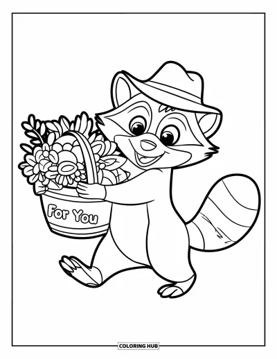Coloriage « Je pense à toi » pour enfants : Un mignon raton laveur porte un panier de fleurs marqué « For You »