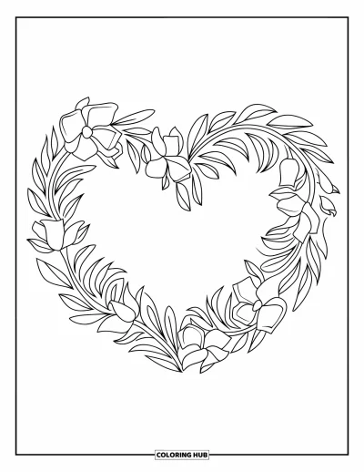 Thinking Of You Coloring Page for Kids: A floral heart wreath with gentle curves and modern charm