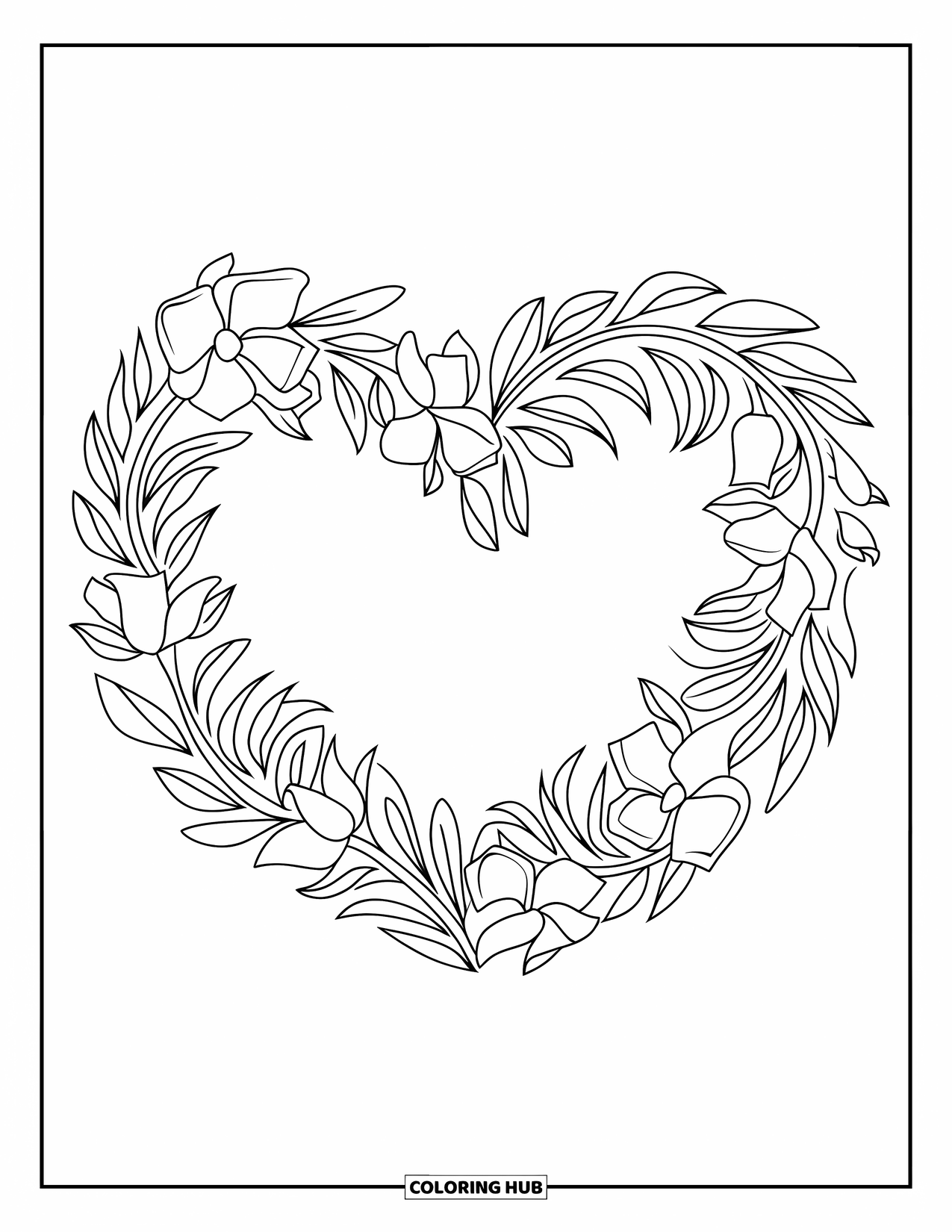 Thinking Of You Coloring Page for Kids: A floral heart wreath with gentle curves and modern charm