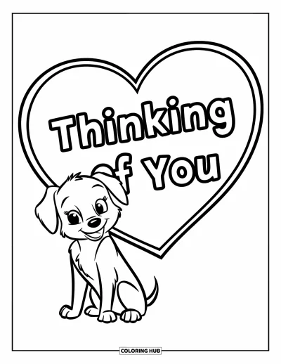 Thinking Of You Coloring Page for Kids: A friendly puppy sits beside a big heart that reads "Je pense à toi"