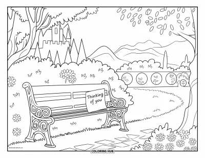 Thinking Of You Coloring Page for Kids: A garden bench with a "Je pense à toi" note near a castle and mountains