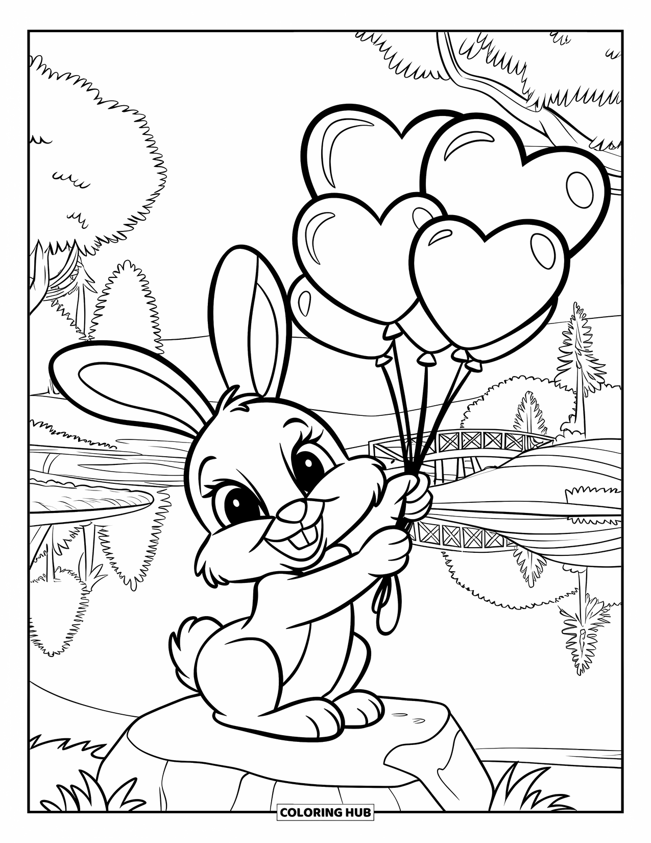 Thinking Of You Coloring Page for Kids: A happy rabbit sits on a rock holding balloons by a calm lake
