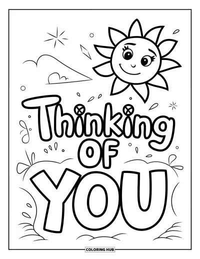 Thinking Of You Coloring Page for Kids: A happy sun with bold lines beams over a playful "Je pense à toi" message