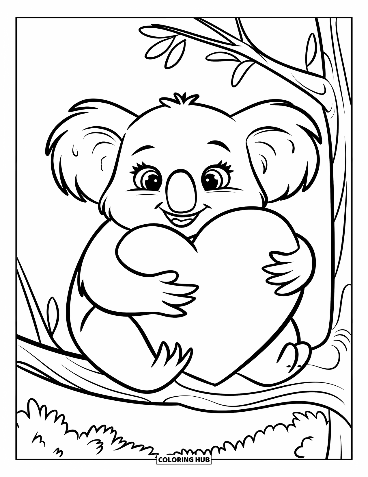 Thinking Of You Coloring Page for Kids: A koala hugs a heart pillow while resting on a leafy branch