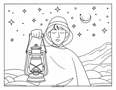 Thinking Of You Coloring Page for Kids: A person with a hat holds a lantern under stars and a crescent moon