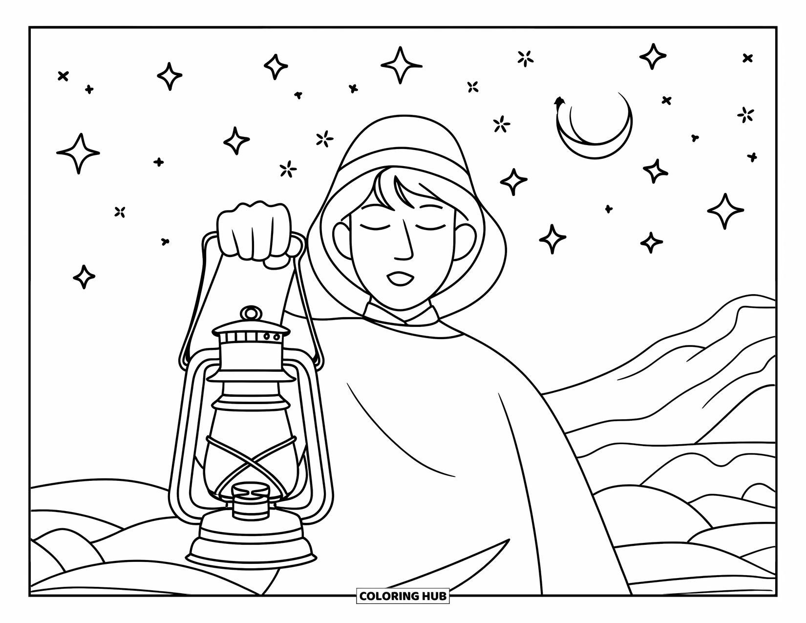 Thinking Of You Coloring Page for Kids: A person with a hat holds a lantern under stars and a crescent moon
