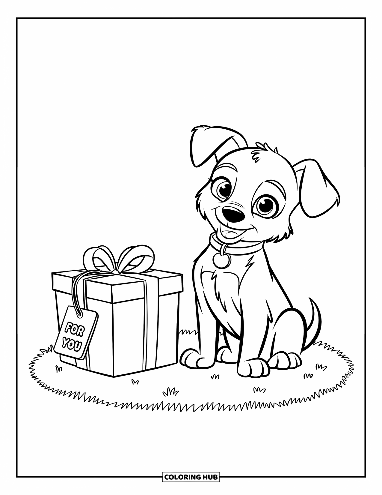 Thinking Of You Coloring Page for Kids: A puppy with perked ears sits by a gift box that says "For You"