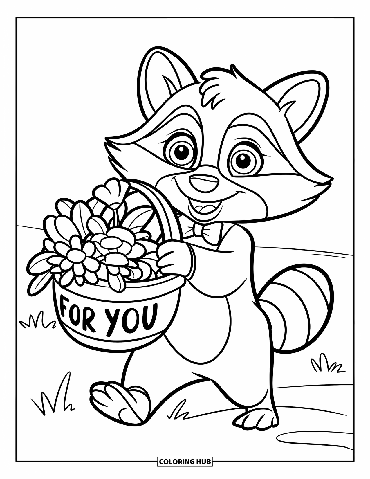 Thinking Of You Coloring Page for Kids: A raccoon with a bow tie carries a flower basket marked "For You"