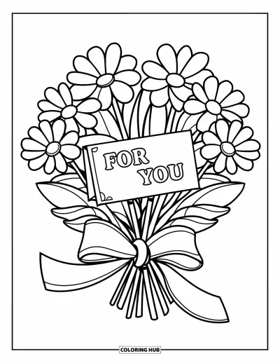 Thinking Of You Coloring Page for Kids: A ribbon-tied flower bouquet with a note "For You" rests playfully