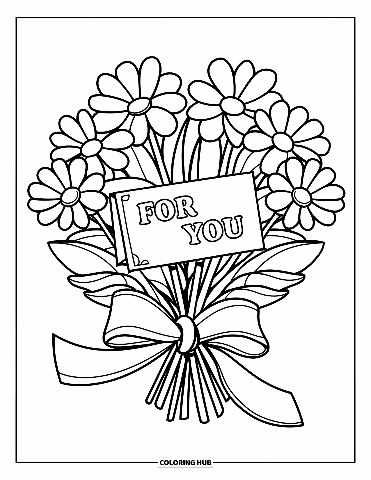 Thinking Of You Coloring Page for Kids: A ribbon-tied flower bouquet with a note "For You" rests playfully