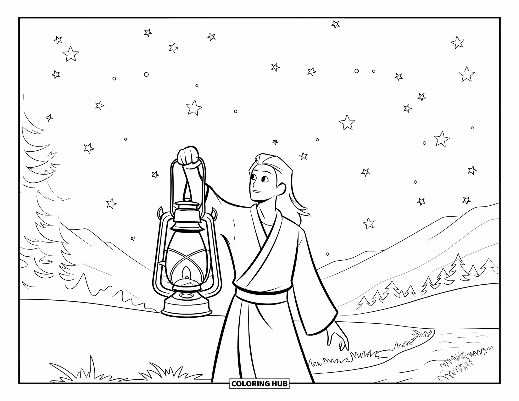 Thinking Of You Coloring Page for Kids: A robed person holds a lantern beneath stars and mountains in a calm night