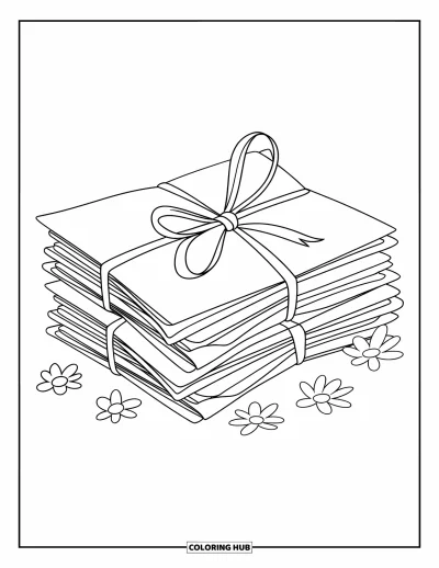 Thinking Of You Coloring Page for Kids: A rustic letter stack wrapped in ribbon with flowers at its base