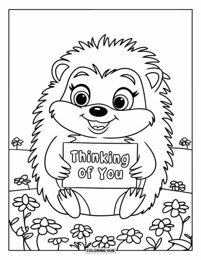 Coloriage « Je pense à toi » pour enfants : Un hérisson souriant tient une carte « Je pense à toi » dans un champ de fleurs