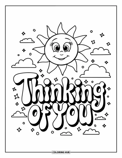 Coloriage « Je pense à toi » pour enfants : Un soleil souriant brille au-dessus d'un message « Je pense à toi » entouré de nuages
