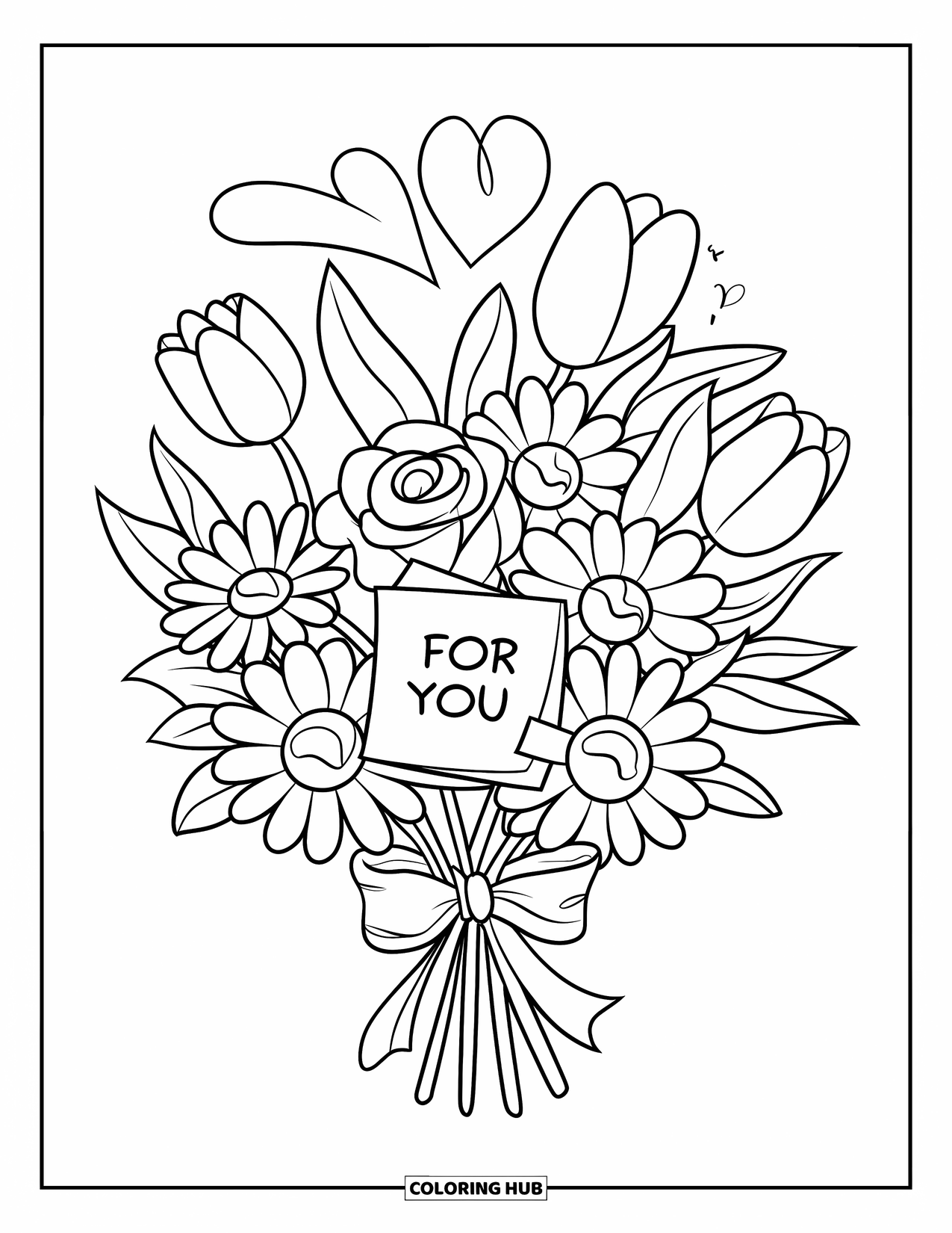 Thinking Of You Coloring Page for Kids: A sweet bouquet of roses, daisies, and tulips tied with a ribbon says "For You"