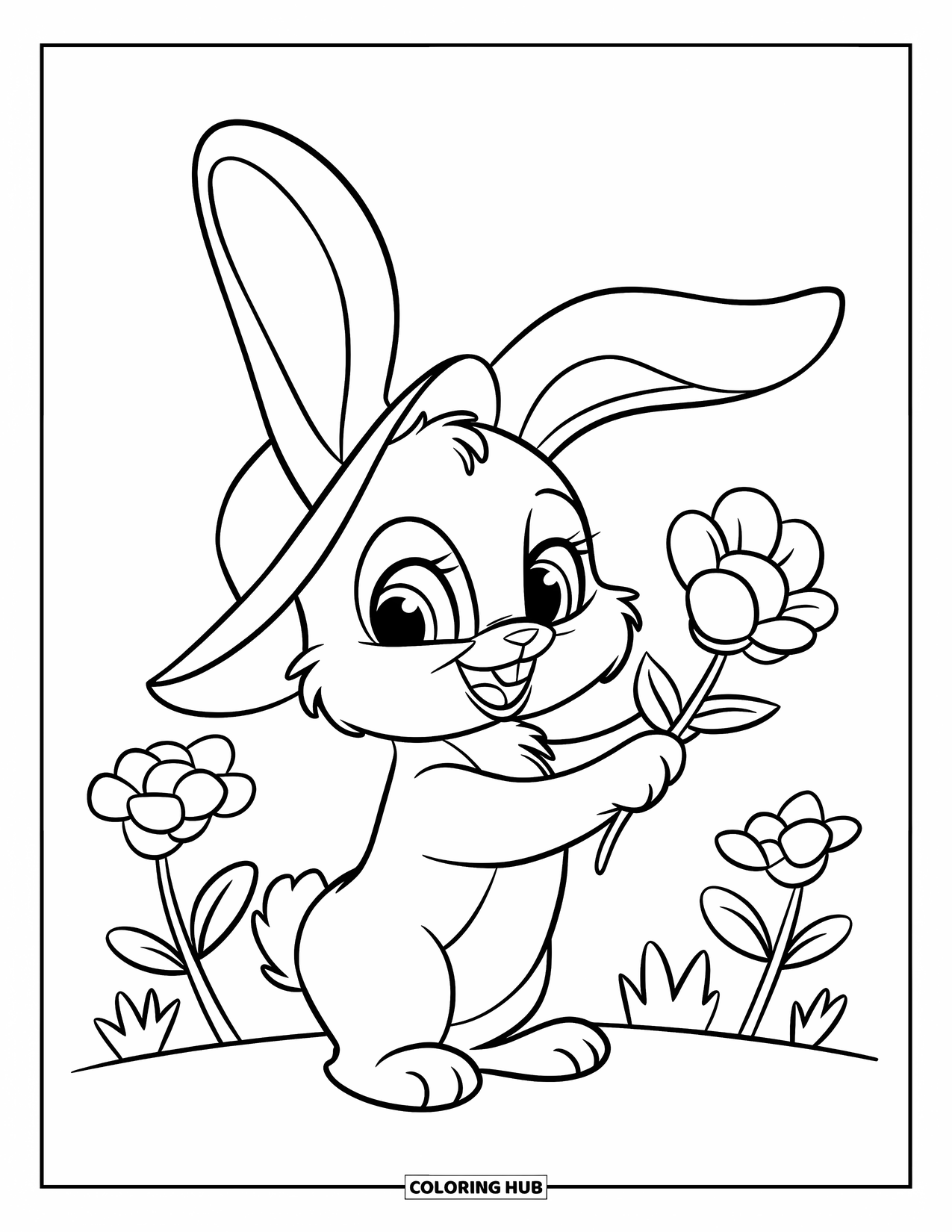 Thinking Of You Coloring Page for Kids: A sweet bunny with a floppy hat gives a flower to a friend