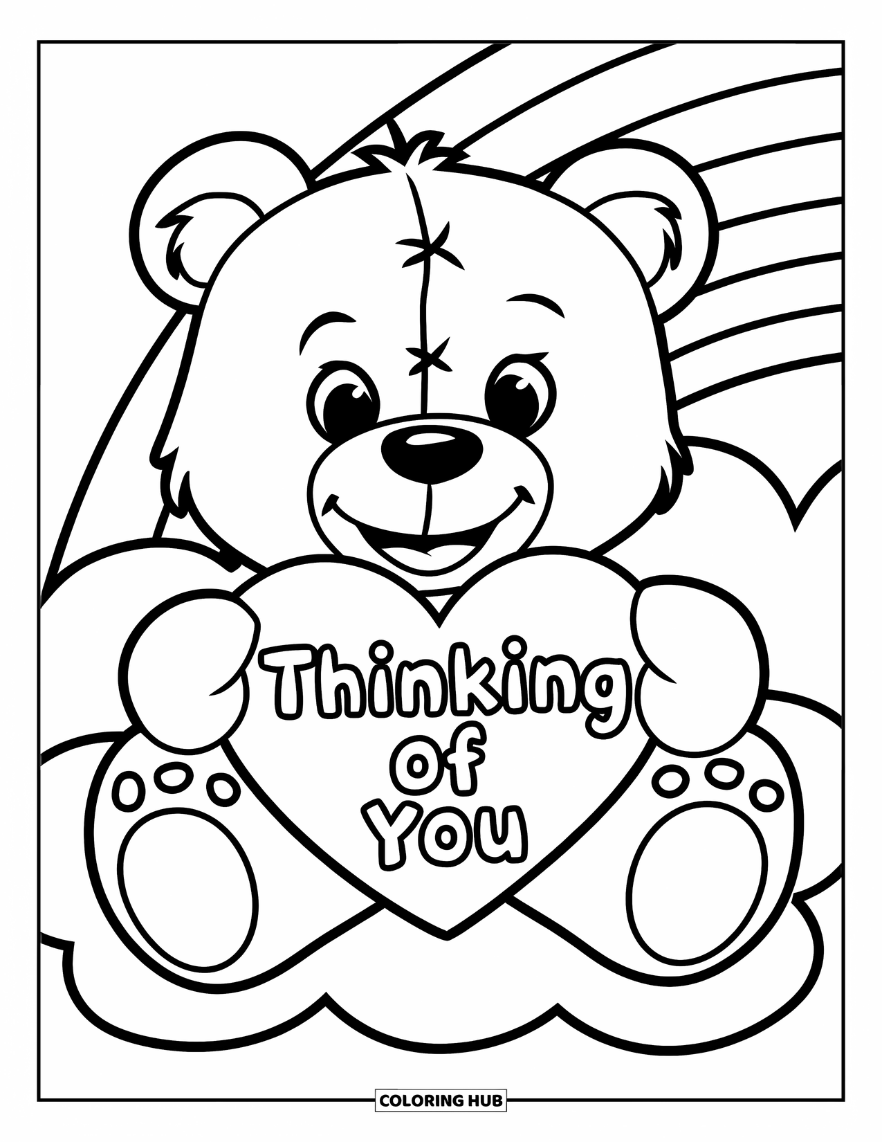 Thinking Of You Coloring Page for Kids: A teddy bear sits on a cloud holding a heart that says "Thinking of You"