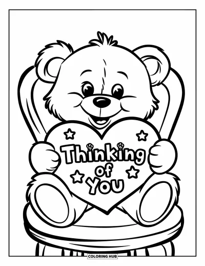 Thinking Of You Coloring Page for Kids: A teddy bear with stars holds a heart marked "Je pense à toi"