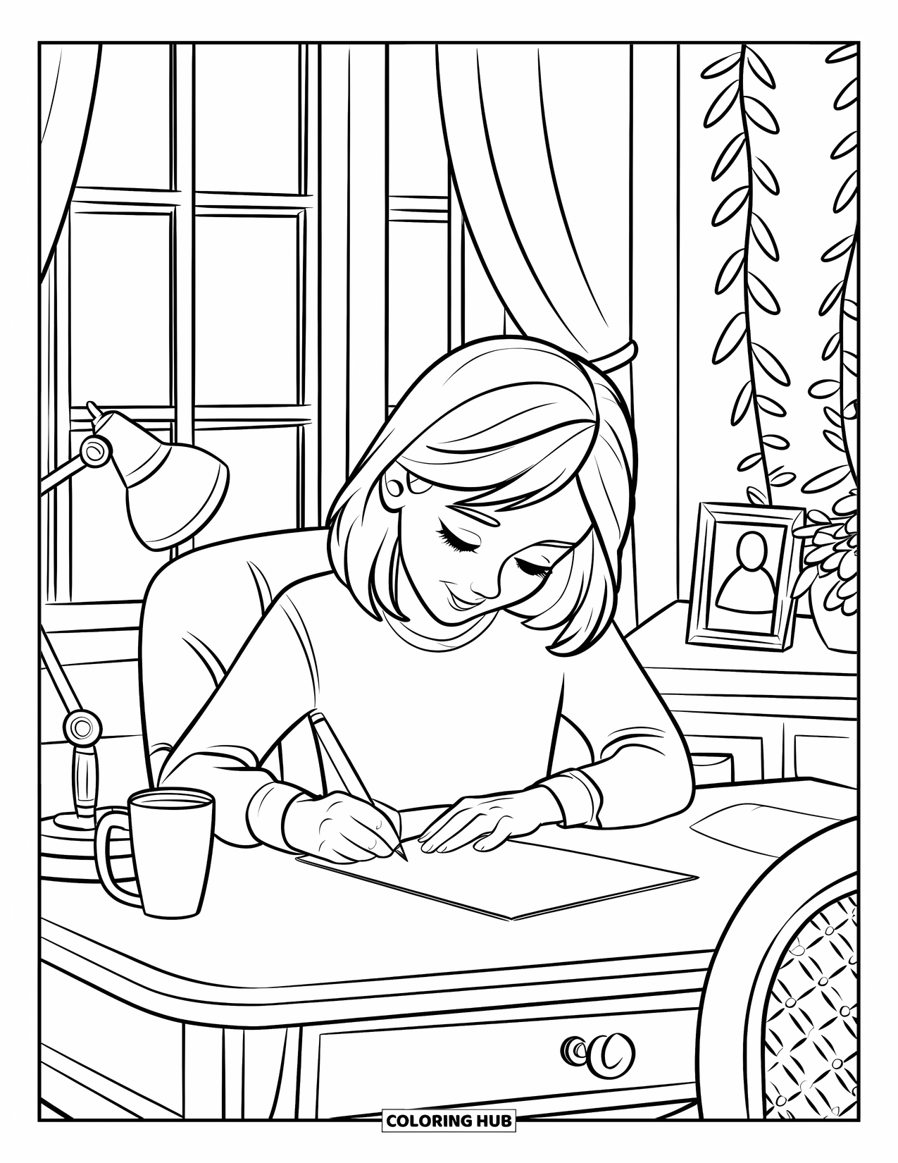 Thinking Of You Coloring Page for Kids: A teen girl writes a "Thinking of You" note at a desk with small decorations