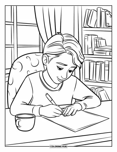 Thinking Of You Coloring Page for Kids: A teen writes a "Je pense à toi" message beside a cup near a window