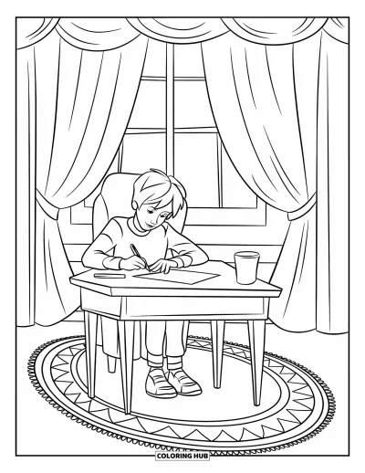 Thinking Of You Coloring Page for Kids: A teen writes a "Je pense à toi" message beside a cup near the window