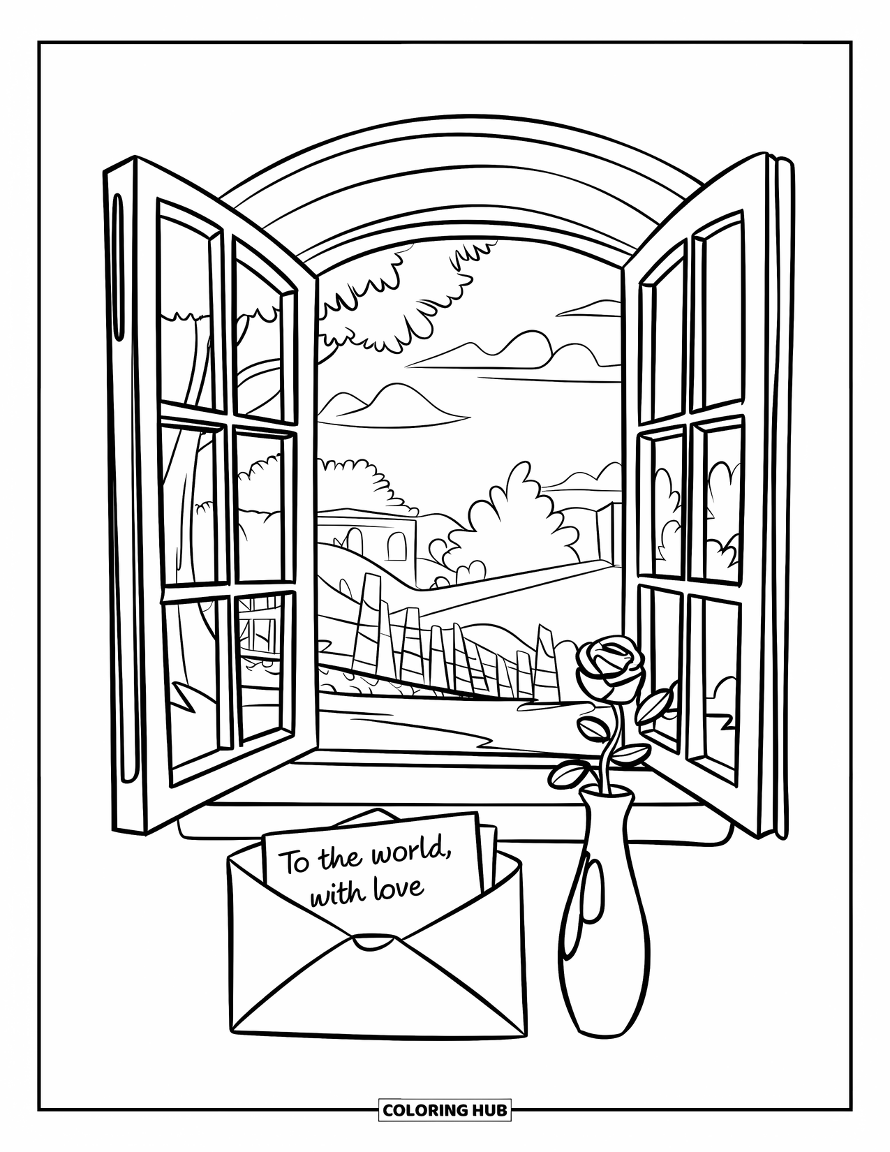 Thinking Of You Coloring Page for Kids: A window view with a rose in a vase and a letter that says "To the world, with love"