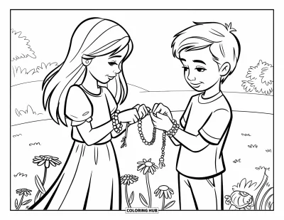 Thinking Of You Coloring Page for Kids: Two friends exchange bracelets in a field surrounded by flowers