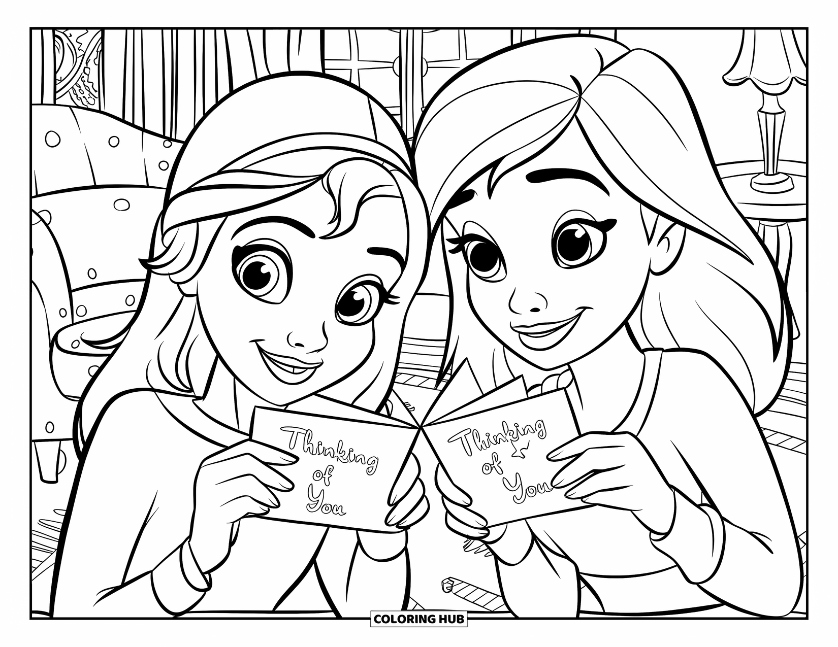 Thinking Of You Coloring Page for Kids: Two smiling friends exchange handmade "Thinking of You" cards indoors