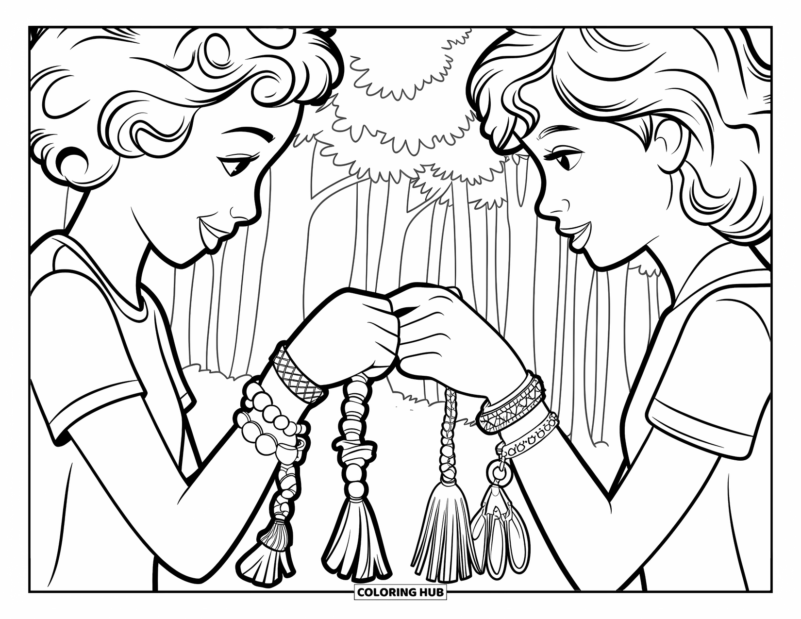 Thinking Of You Coloring Page for Kids: Two smiling friends trade handmade bracelets in a forest setting