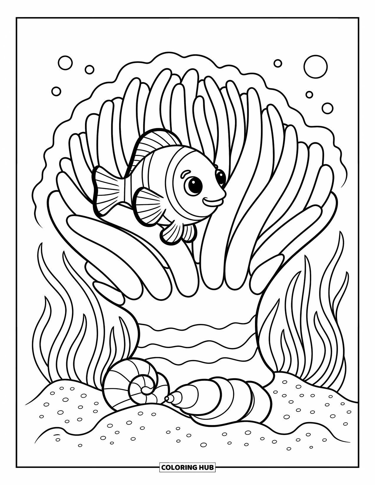 Underwater Coloring Page for Adults: A clownfish hides safely within the soft tendrils of an anemone