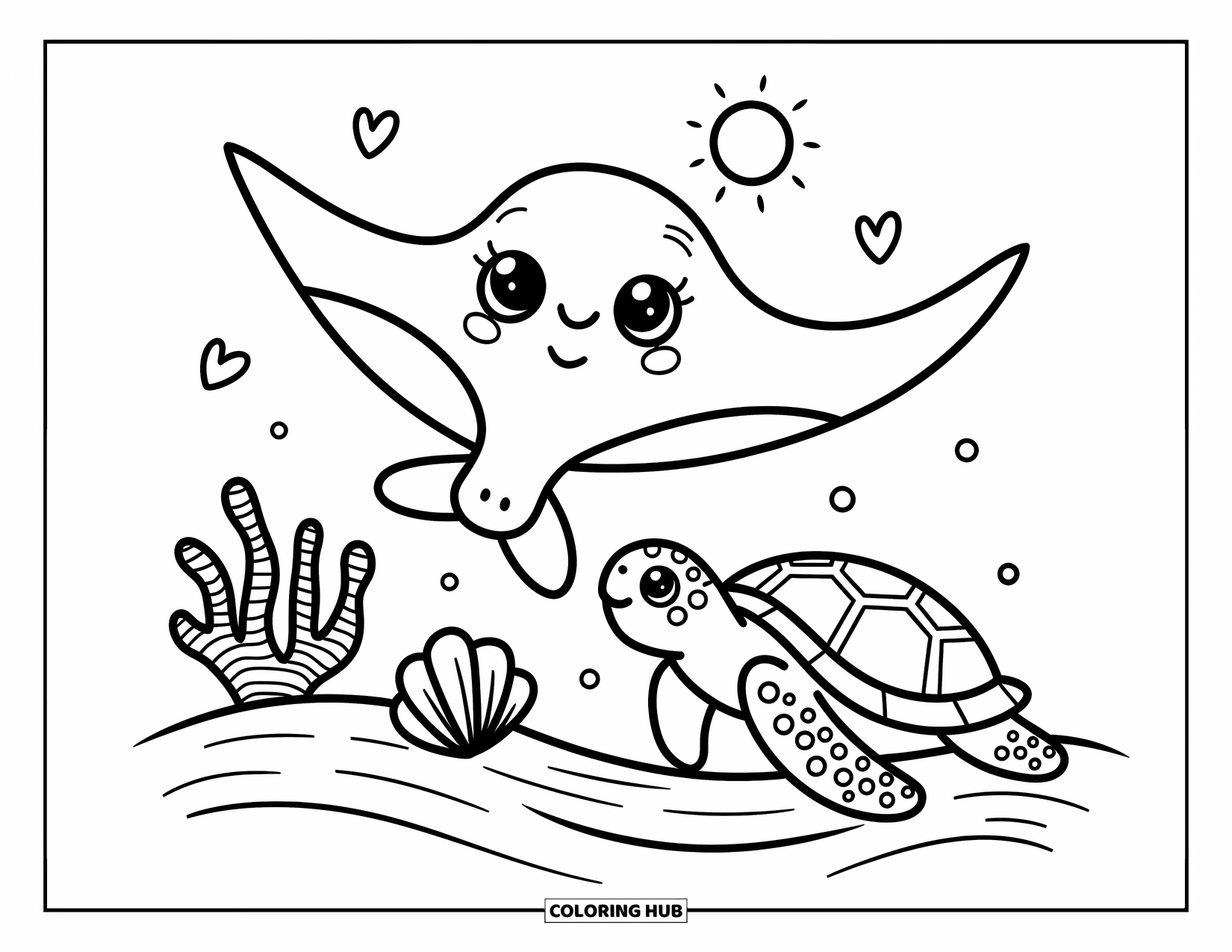 Underwater Coloring Page for Adults: A gentle manta ray swims over a turtle above coral and sand in warm light