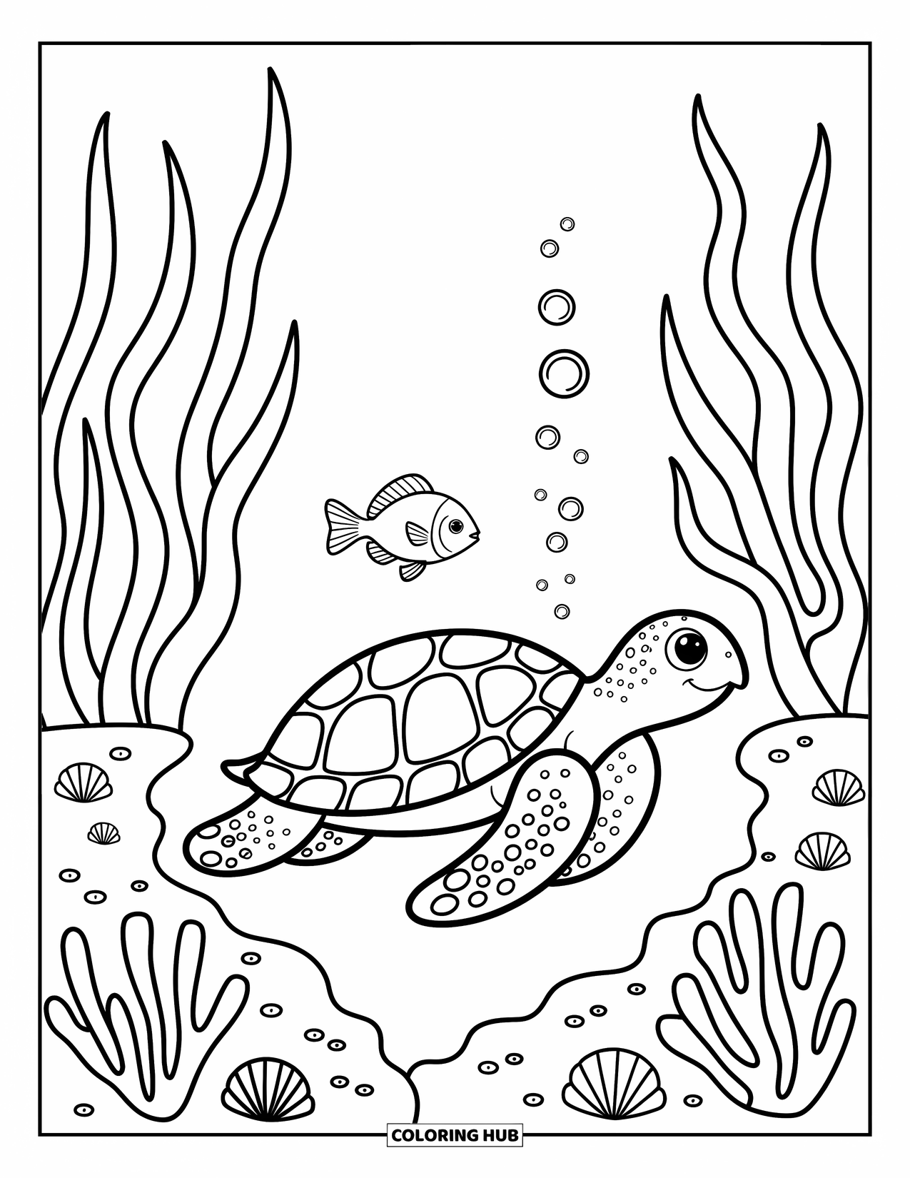 Underwater Coloring Page for Adults: A gentle turtle swims with a playful fish through soft ocean plants