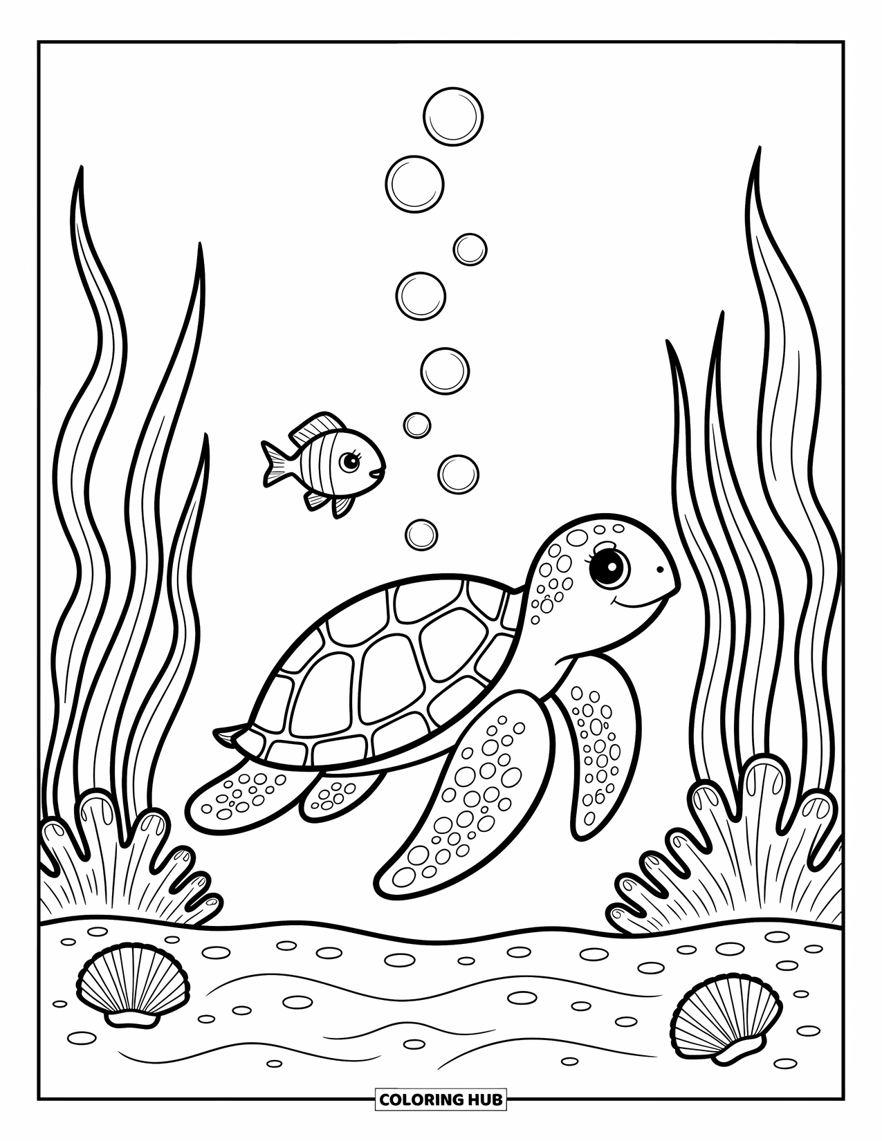 Underwater Coloring Page for Adults: A sea turtle swims gently beside a small fish in calm water