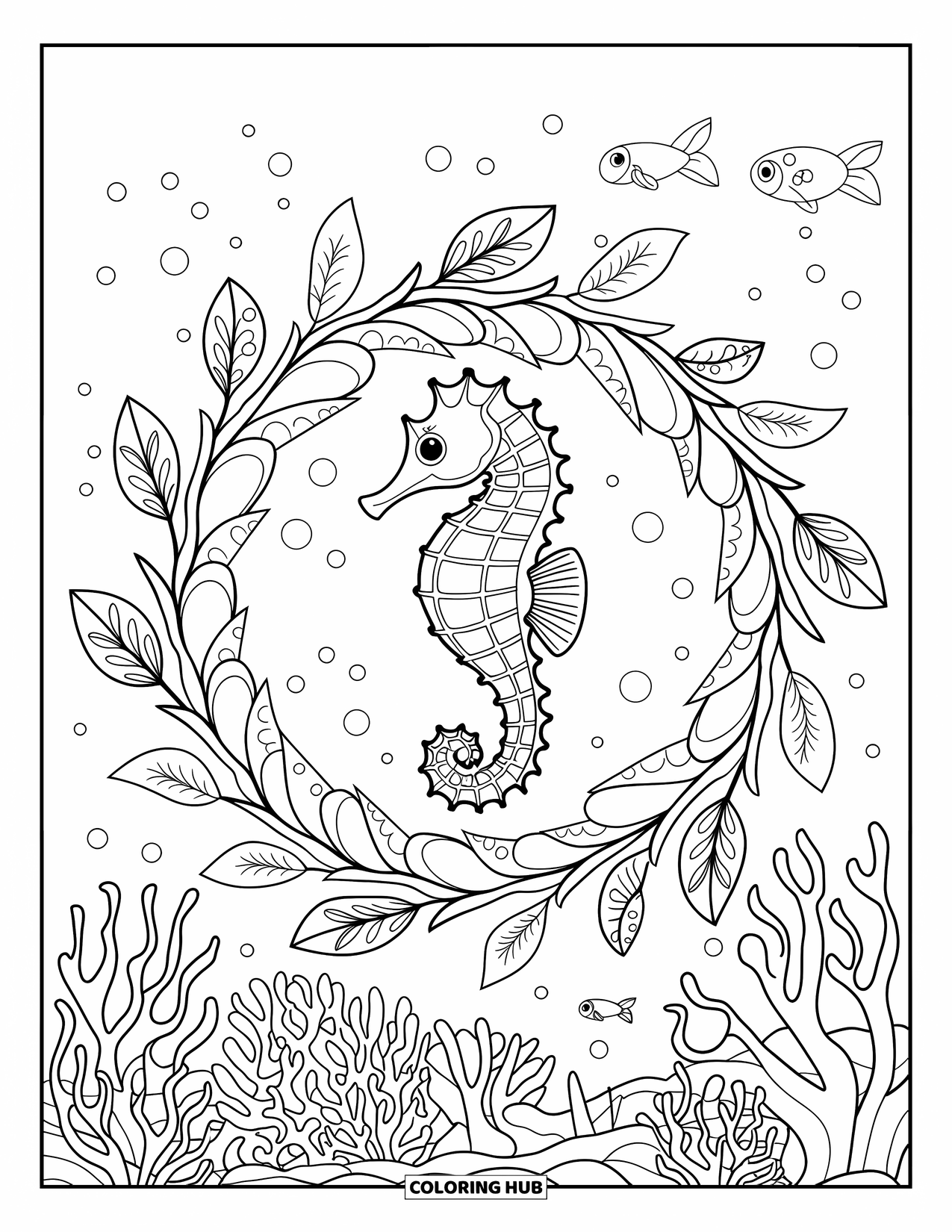Underwater Coloring Page for Adults: A seahorse floats within a mandala of sea leaves and pearls