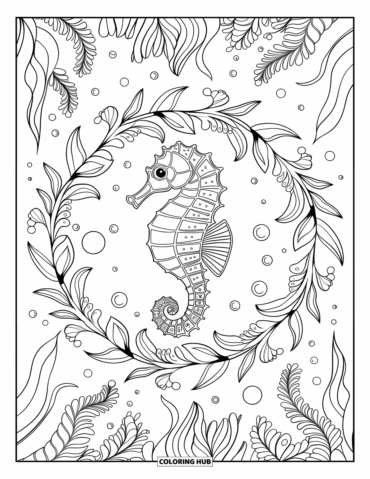 Underwater Coloring Page for Adults: A seahorse framed by pearls and sea leaves underwater