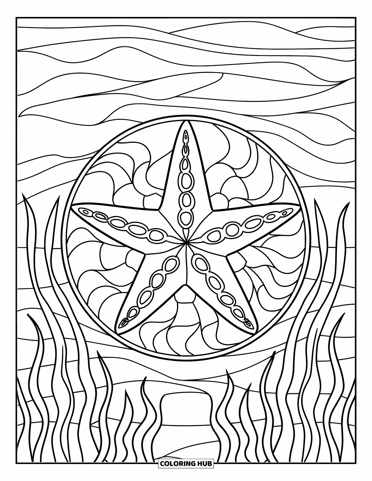 Underwater Coloring Page for Adults: A starfish rests among waves and curling underwater leaves