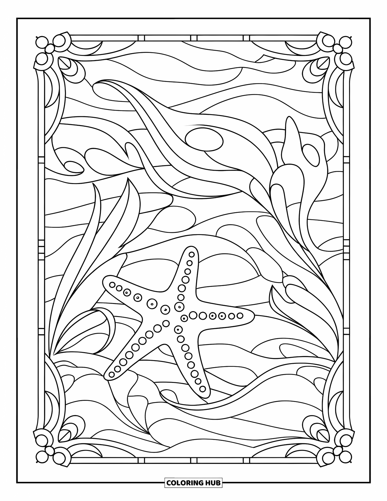 Underwater Coloring Page for Adults: A starfish rests within stained glass seaweed and wave patterns