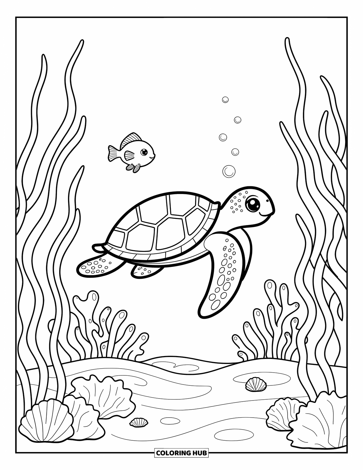 Underwater Coloring Page for Adults: A turtle and tiny fish glide together above coral and shells