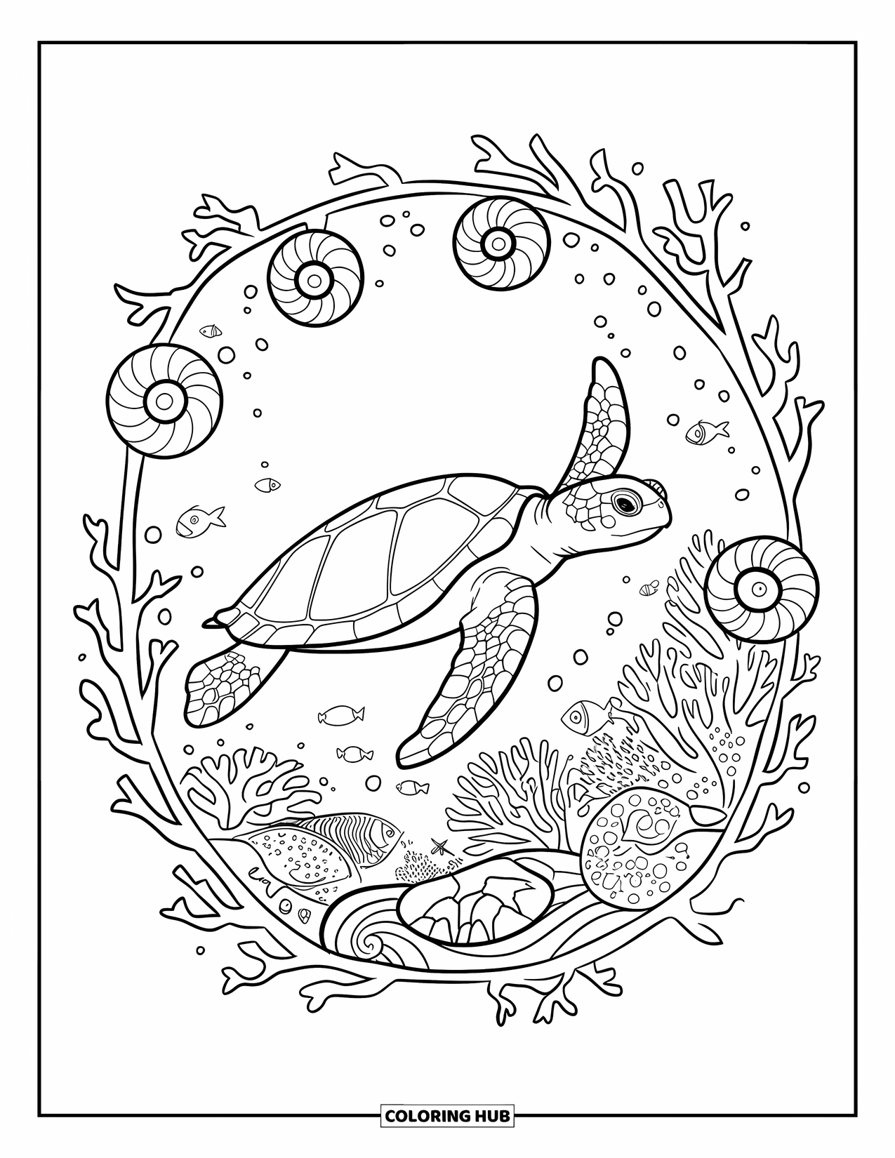 Underwater Coloring Page for Adults: A turtle glides past coral reefs and spiral seashells